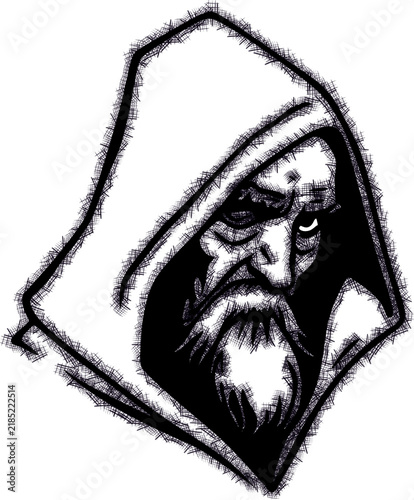 Quadro su tela Minimalist black-and-white vintage sketch of the hooded Norse god Odin