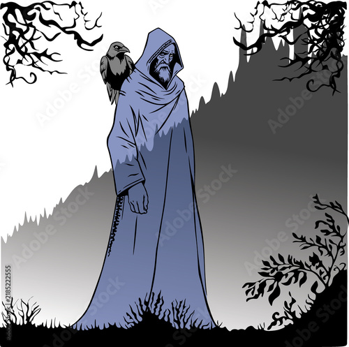 Obraz na płótnie A cartoon-style illustration in pastel colors featuring the Norse god Odin in a