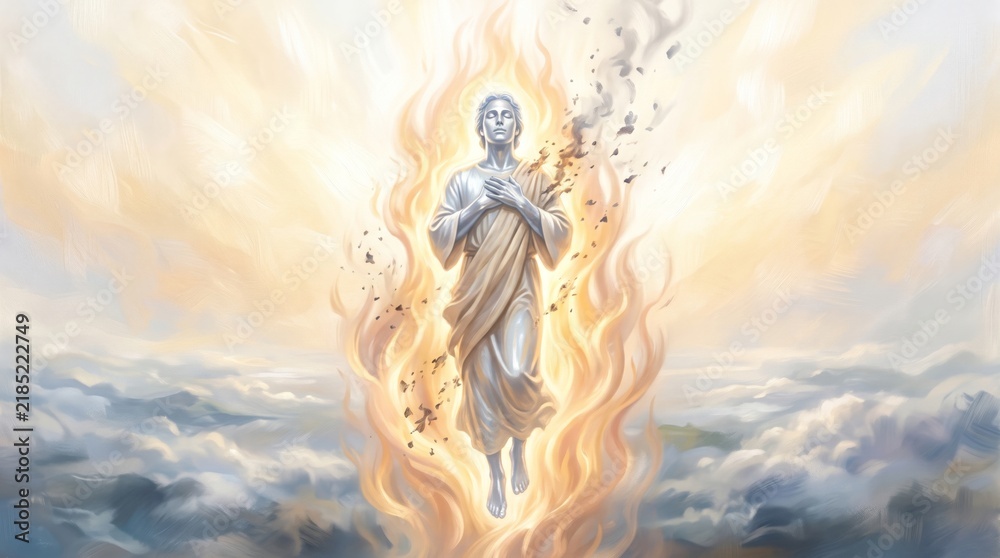 Fototapeta premium Jesus Christ figure in glowing flames ascending above the clouds. Divine resurrection and spiritual ascension concept. Christian faith, religion and catholic art for Easter and church design.