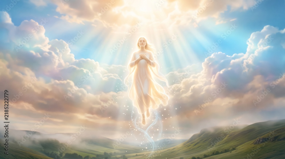 Fototapeta premium Woman ascending to heaven in white robe surrounded by divine light rays and glowing clouds. Spiritual resurrection and miracle of faith