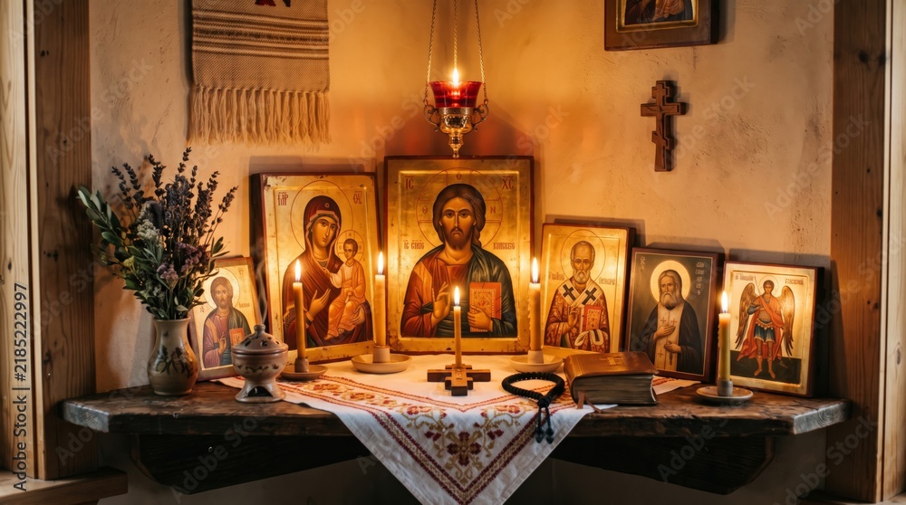 Fototapeta premium Home altar with orthodox icons of Jesus Christ, Virgin Mary and saints, burning candles, cross, bible and rosary. Prayer corner in traditional house. Faith, religion and christian devotion concept