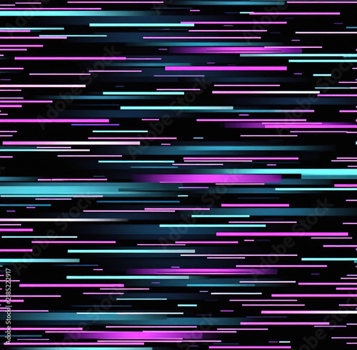 Halloween Cyberpunk Glitch Matrix Seamless Pattern with Glowing Neon Purple and Cyan Horizontal Lines on Black Background