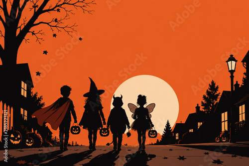 Halloween background with children trick or treating in costumes at sunset