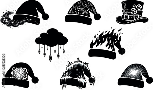Mysterious Black Santa Hat Emitting Twinkling Stars a Whimsical Celebration Design Element