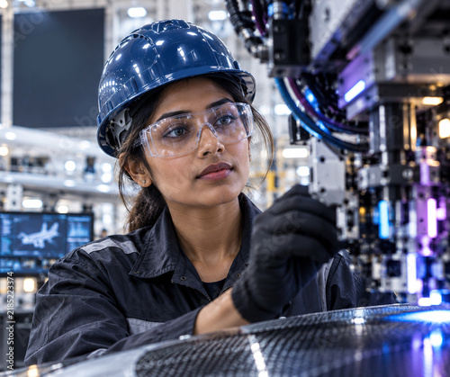Focused Indian Female Engineer in Helmet and Safety Glasses Inspecting Advanced High Tech Machinery in Heavy Industrial Manufacturing Plant