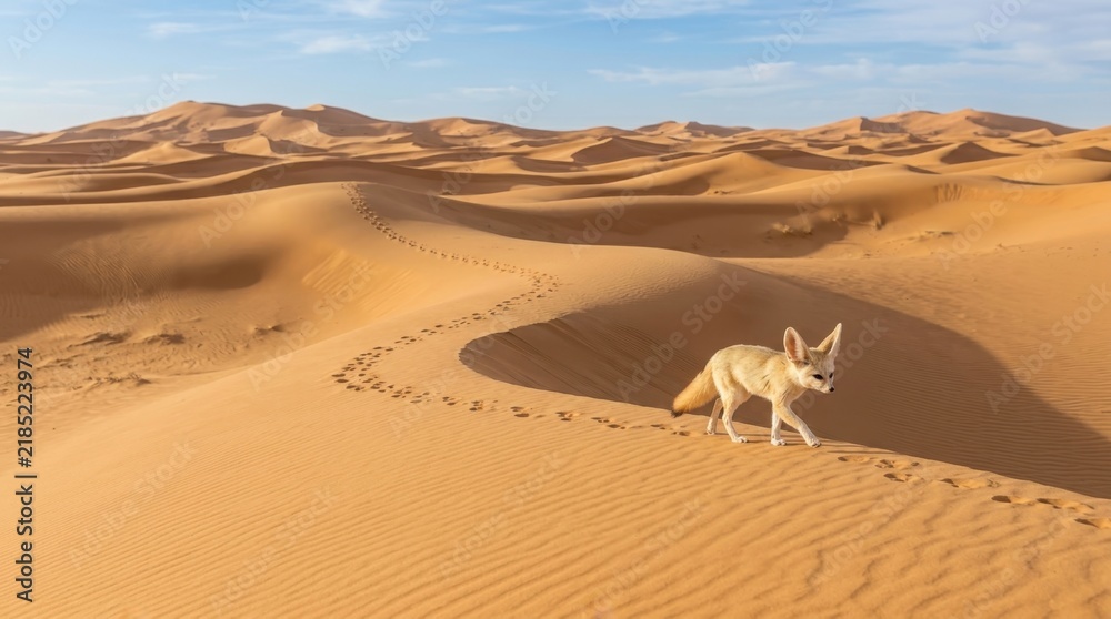 Obraz premium Fennec Fox in Desert Dunes: A small fennec fox with oversized ears traverses the undulating sand dunes of the Sahara Desert under a clear blue sky, its paw prints marking a solitary path.