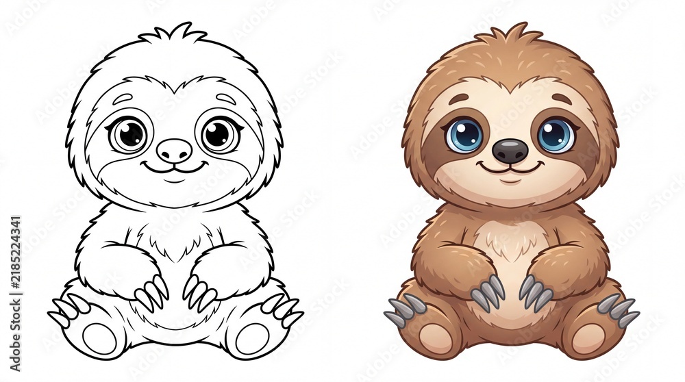 Fototapeta premium Adorable baby sloth sitting in both colored and black and white line art on white background