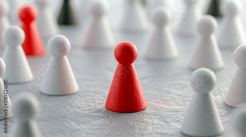A vibrant red pawn standing out among a multitude of white and black pawns, symbolizing individuality, leadership, and strategic thinking in a competitive environment.