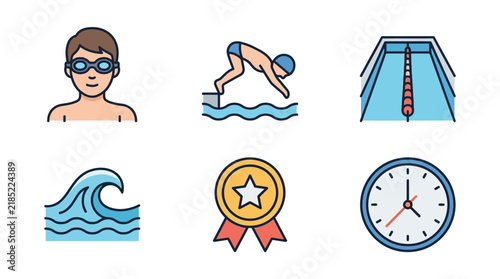 Minimalist Swimming and Achievement Icons Set with Goggles Pool Wave Medal and Clock Illustrations