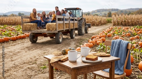 Family on hayride trailer through pumpkin patch in autumn  