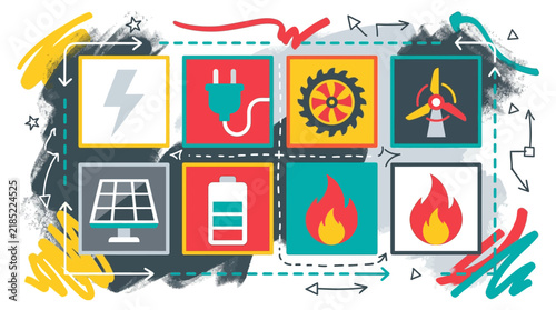 Dynamic Infographic Showing Energy Flow with Icons Lightning Bolt Plug Gear Wind Turbine Solar Panel Battery and Flames