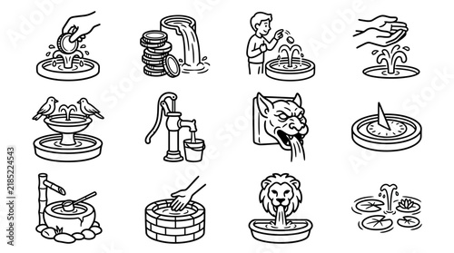 Elegant Black and White Line Drawing Collection of Unique Fountain Designs and Water Features with high quality professional line art symbols for modern creative design and digital branding projects
