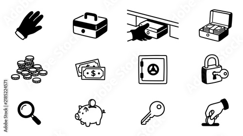 Industrial Black and White Icons Set Featuring Theft Security Finance and Investigation Symbols