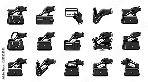 Industrial Black and White Line Art Illustrations of Hands Removing Various Items from Wallets and Purses