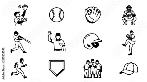Minimalist Black and White Baseball Icons Set Illustrations of Players Equipment and Game Elements