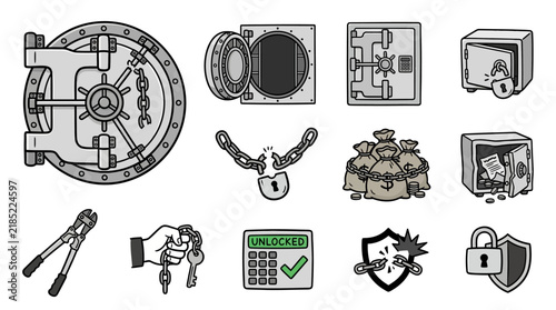 Minimalist Black and White Set of Security and Lock Concept Icons with Breaking Chains Vaults and Keys