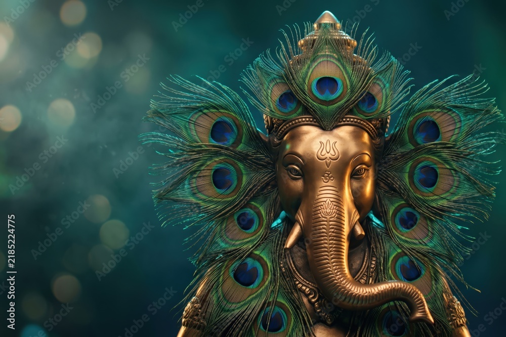Obraz premium Ganesha Peacock Feather Crown - Jewel Tone Ganesh Chaturthi Elegance.