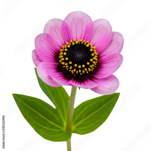 Beautiful pink zinnia flower with green leaves on white