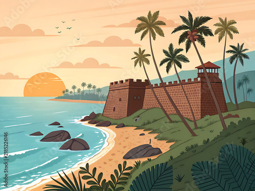 Bekal Fort in Kerala, massive seaside stone fortress, palm trees, blue ocean and sunset
