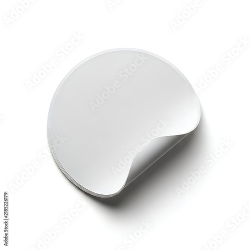 Blank white round sticker with a curled corner on white background