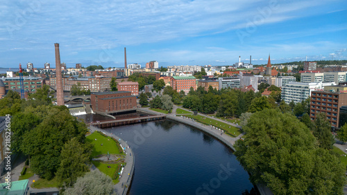 Konstfotografi Aerial view of dam and Tammerkoski channel during bright summer day Tampere