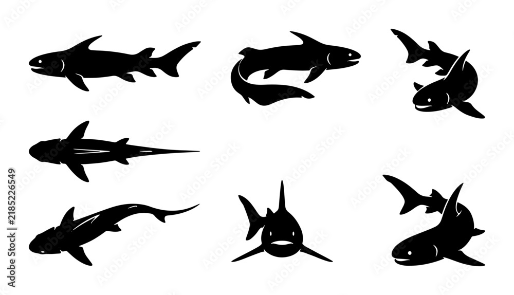 Fototapeta premium Shark Silhouettes Collection: Diverse Aquatic Predator Icons, Vector Set for Marine Design