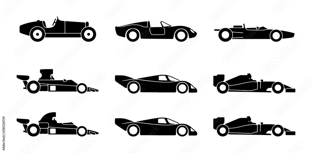 Fototapeta premium Vintage Race Cars, Modern Sports Cars, Formula 1 Vehicles, Vector Icons Set