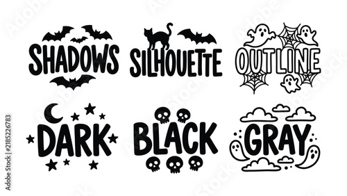 Collection of halloween theme black silhouette words and spooky night sky elements with design asset