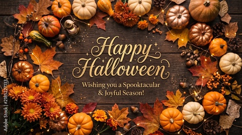 Happy Halloween greeting card with pumpkins and autumn leaves on a rustic wooden background