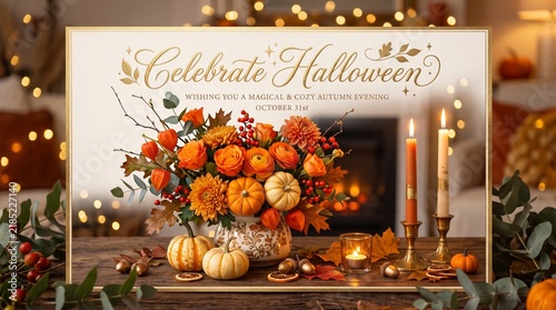 Halloween celebration sign with autumn flowers and pumpkins on a rustic wooden table