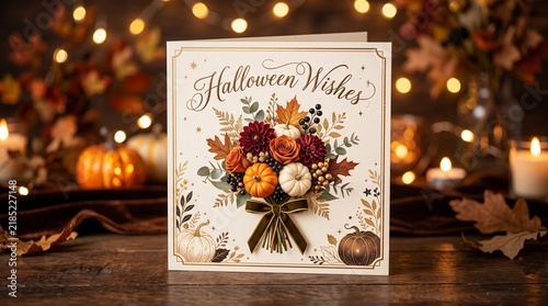 Halloween greeting card with pumpkin bouquet and autumn leaves on rustic wooden table