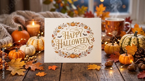 Happy Halloween greeting card with pumpkins and autumn leaves on a rustic wooden table