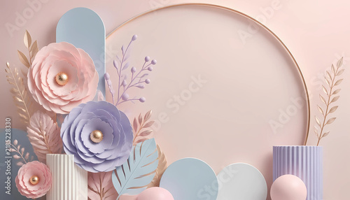 Pastel paper flowers with golden centers on a circular frame background pastel colors floral background decorative art craft project spring theme minimalist