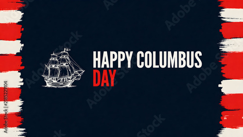 Happy columbus day greeting card featuring a white line of a historic sailing ship on a dark blue background, with red stripes