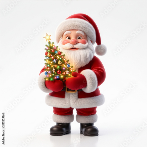 Santa de pie sosteniendo arbolito de navidad decorado e iluminado