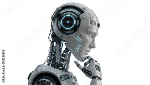 фотографія Detailed humanoid robot head with glowing blue eye and metallic finger on chin,