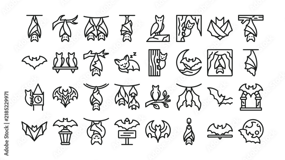 Fototapeta premium Creative collection of bat and Halloweenthemed icons featuring bats flying leaves hanging lanterns and spooky symbols
