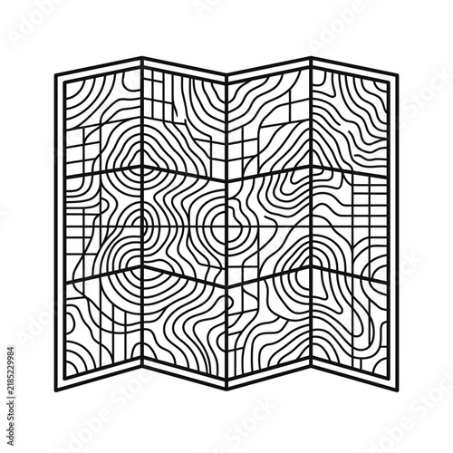 Folded topographic map line art illustration with contour lines and grid pattern, depicting navigation, travel, and exploration.