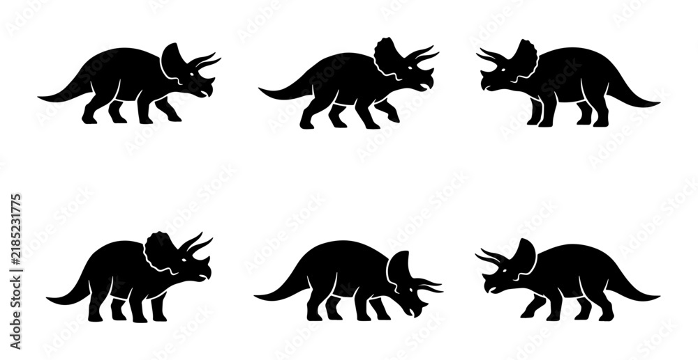 Obraz premium Six Black Triceratops Dinosaur Icons, Prehistoric Reptile Vector Graphics, Ancient Creature Silhouettes