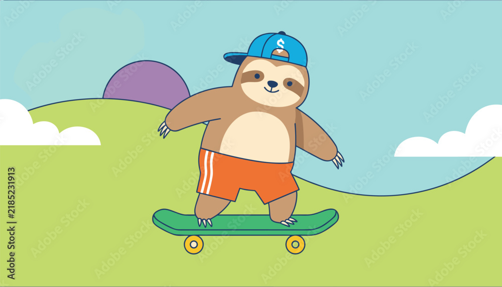 Fototapeta premium Fun illustration of a sloth wearing a baseball cap and orange shorts riding a green skateboard on a sunny hill.