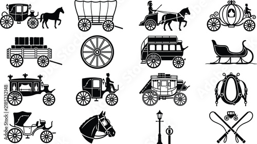 Bild auf Leinwand Horse carriage icon set with vintage stagecoach cinderella coach chariot covered