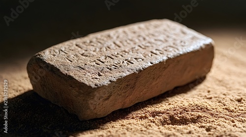 Ancient clay tablet inscribed with cuneiform script sitting on a bed of sand, symbolizing historical knowledge, discovery, and forgotten civilizations from mesopotamia