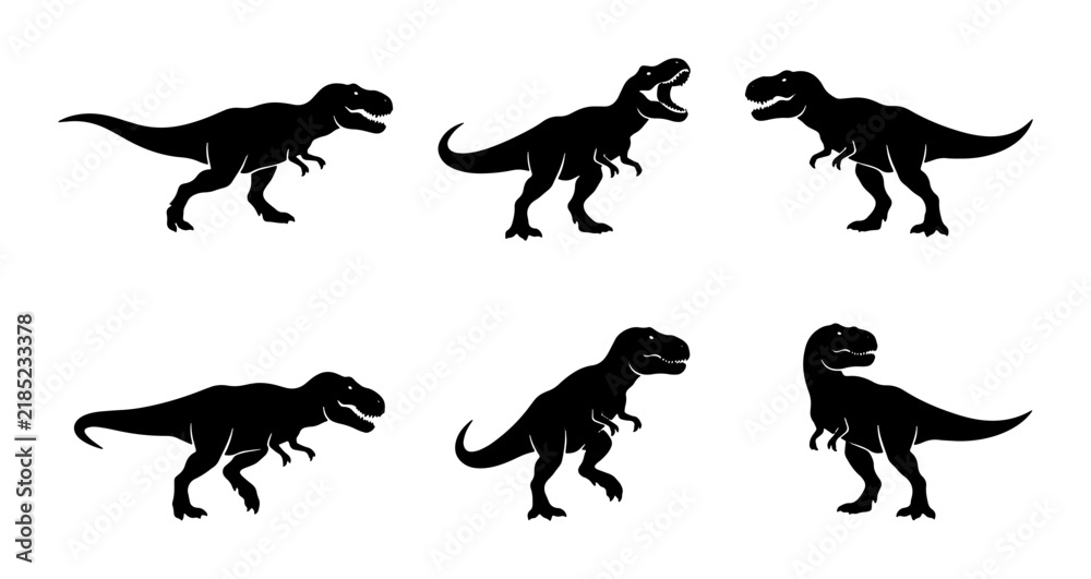 Obraz premium Tyrannosaurus Rex Silhouettes, Dinosaur Vector Icons, Prehistoric Animal Graphics, Jurassic Era Set
