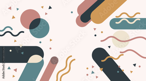 Abstract Memphis Geometric Background Vector Retro Shapes Pattern with Rounded Pills Circles Waves and Confetti in Earthy Muted Tones