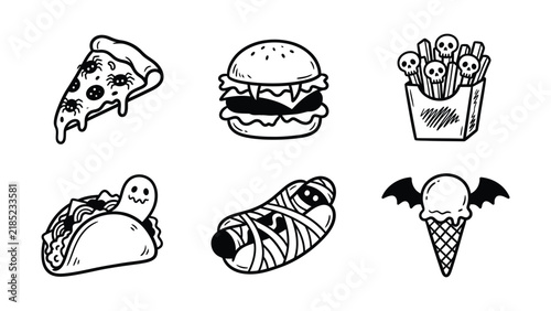 Set of scary halloween themed junk food doodles with ghosts and skulls french fries ice cream