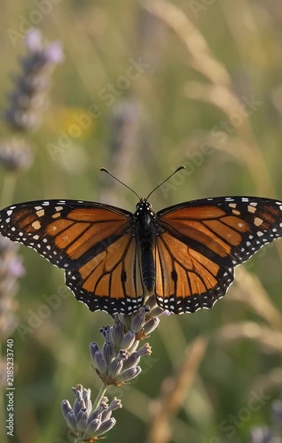 Monarch Butterfly Resting Gently on a Lavender Flower Sprig in a Softly Lit Sunny Meadow Garden During the Warm Summer Season