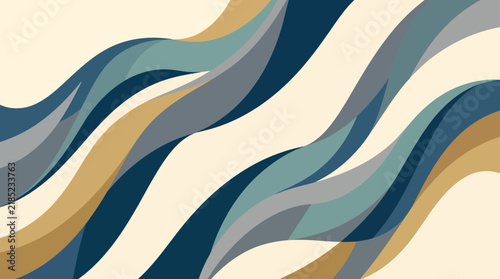 Abstract Wavy Ribbon Flow Background Vector Layered Curved Dynamic Lines Modern Poster Graphic in Navy Gold and Slate Blue