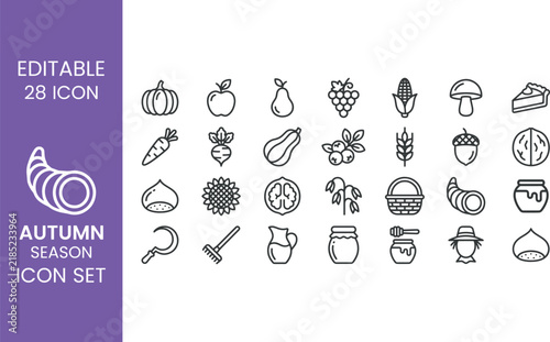 Autumn Season Line Icon Set Vector Outline Icons for Fall Harvest Thanksgiving Produce Agricultural Food and Countryside UI Design