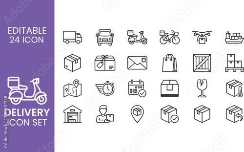 Delivery and Shipping Line Icon Set Vector Outline Icons for Logistics Express Transport Courier Package and Freight Service UI Design