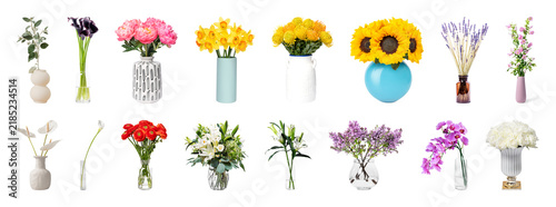 PNG Vibrant floral arrangements in vases on transparent background